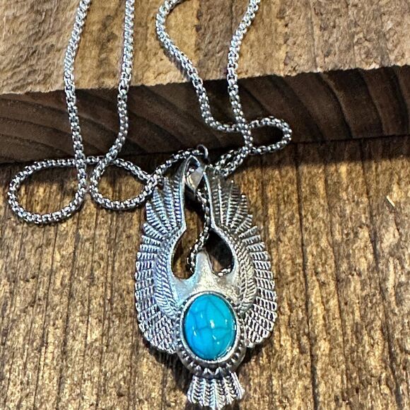 Boho Hippie Vintage Native American Eagle Turquoise Pendant Necklace, Gift Box - Picture 1 of 9